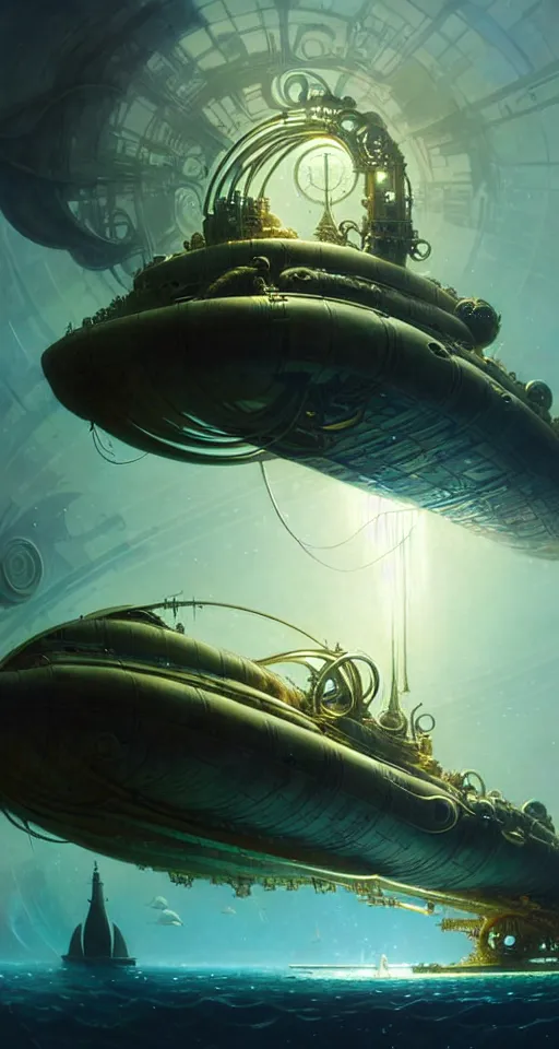 Image similar to epic concept illustration, highly detailed, intricate mechanical design, hard science concept art, underwater nautilus submarine being prepared for launch, by greg rutkowski and alphonse mucha. uhd, cinematic lighting, amazing depth, cinematography by 2 0 1 7