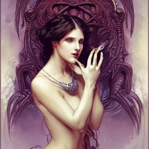 Prompt: picture of a sexy female vampire speaking with cthulhu, intricate, elegant, highly detailed, digital painting, artstation, concept art, smooth, sharp focus, illustration, art by artgerm and greg rutkowski and alphonse mucha and william - adolphe bouguereau