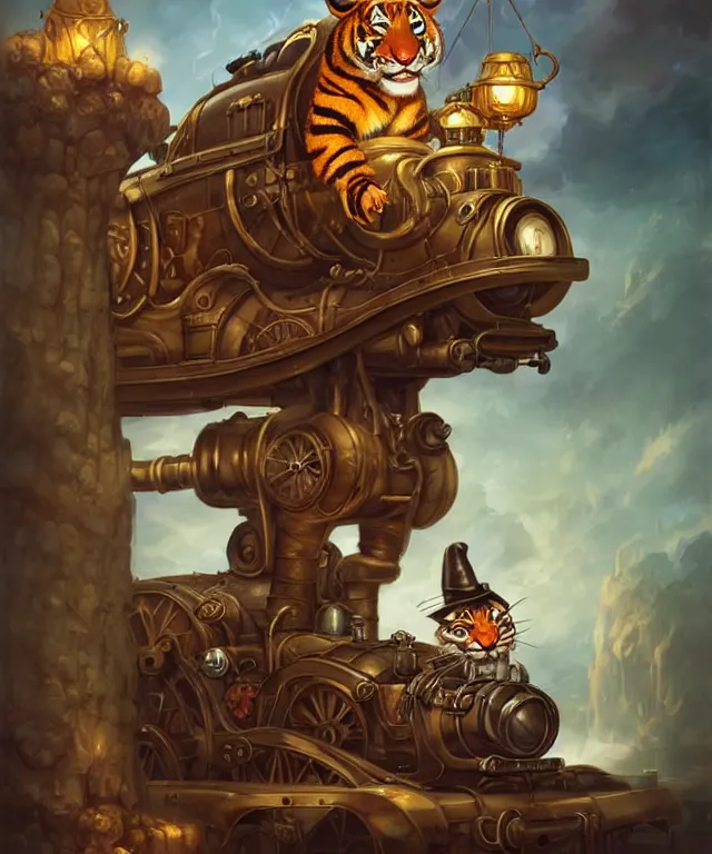 Image similar to a portrait an anthropomorphic steampunk tiger driving a train, landscape in background, cute and adorable, dnd character art portrait, well rendered matte fantasy painting, deviantart artstation, by jason felix by steve argyle by tyler jacobson by peter mohrbacher, cinematic lighting