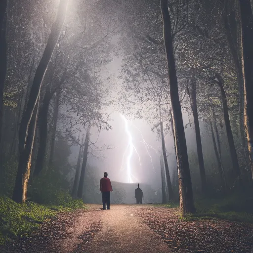 Prompt: a professional photographic picture of a man walking in tthe dark woods with dramatic lightning, realistic hyperdetailed 8k ultradetail cinematic