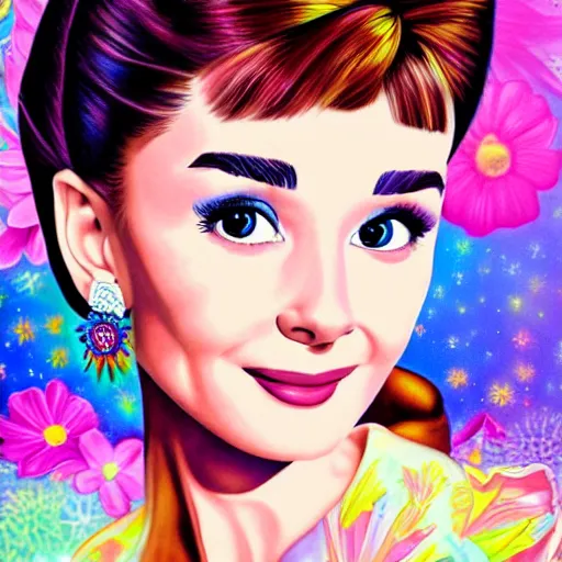 Image similar to beautiful realistic portrait of Audrey Hepburn by Lisa Frank
