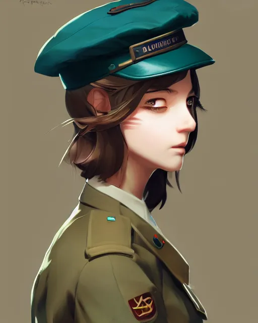 Image similar to young woman with shoulder length light brown hair and hazel eyes dressed in a sharp dark teal military uniform and beret, anime, ilya kuvshinov, greg rutkowski, guweiz, ross tran, loish, svetlana tigai, artgerm, artstation trending, concept art, digital painting