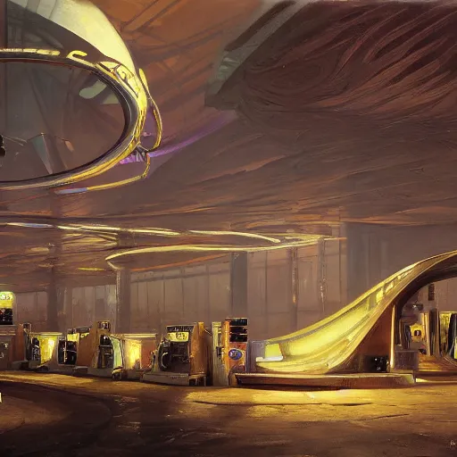 Prompt: portrait painting of syd mead artlilery scifi organic shaped gas station with ornate metal work lands on a farm, fossil ornaments, volumetric lights, purple sun, andreas achenbach