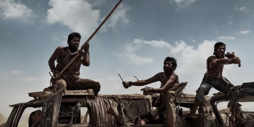 Image similar to sri lankan mad max style, playing bongo drum, on top of a truck, film still, epic shot cinematography, rule of thirds