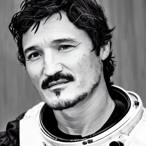 Prompt: a portrait of pedro pascal in a space suit