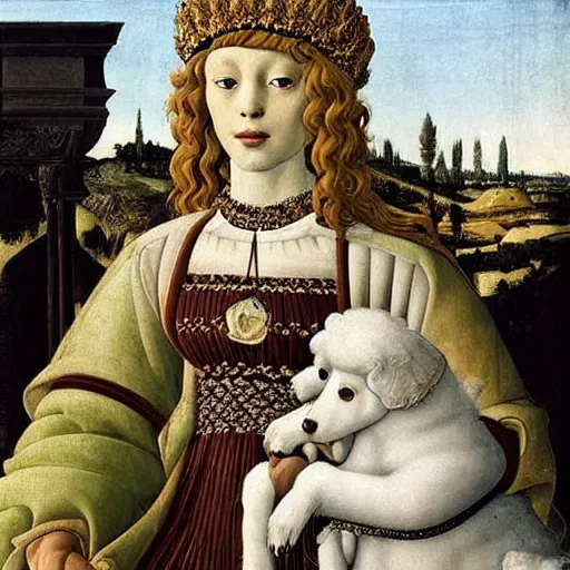 Image similar to portrait of a white poodle as an italian queen, painting by botticelli, 1 4 0 0