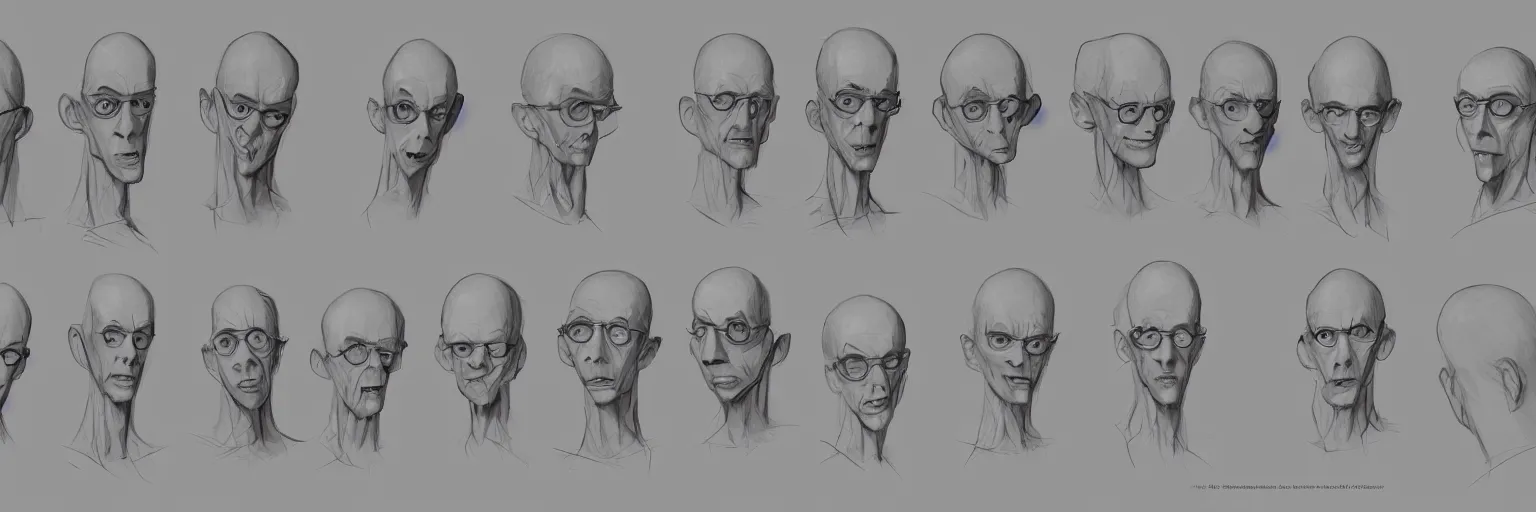 Image similar to character face study of skinny snorexic todd solondz, clear faces, emotional, character sheet, fine details, concept design, contrast, kim jung gi, pixar and da vinci, trending on artstation, 8 k, full body and head, turnaround, front view, back view, ultra wide angle