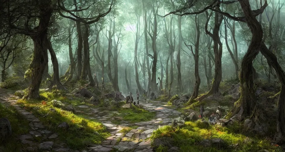 Prompt: Beautiful uplifting glade with elven pathmarkers along the road bg. J.R.R. Tolkien's Middle-Earth. Trending on Artstation. Digital illustration. Artwork by Darek Zabrocki and Sylvain Sarrailh. Concept art, Concept Design, Illustration, Marketing Illustration, 3ds Max, Blender, Keyshot, Unreal Engine, ZBrush, 3DCoat, World Machine, SpeedTree, 3D Modelling, Digital Painting, Matte Painting, Character Design, Environment Design, Game Design, After Effects, Maya, Photoshop.