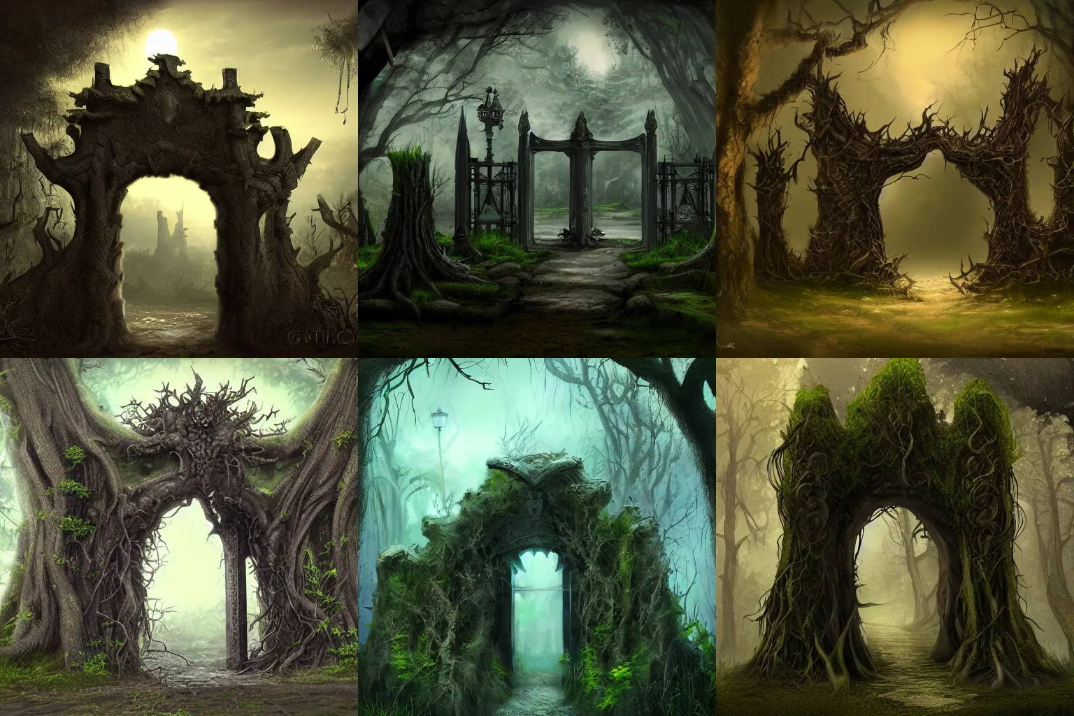 Prompt: matte painting of an evil gate, overgrown by tree roots, night, trending on art station