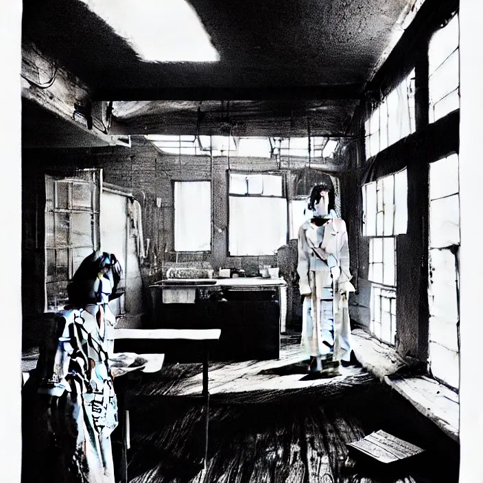 Prompt: inside a dingy scary decaying 1 9 6 0 s house. susan sarandon wearing an old bathrobe slouched behind a table. technique : black and white pencil and ink. by gabriel hardman, joe alves, chris bonura. cinematic atmosphere, detailed and intricate, perfect anatomy