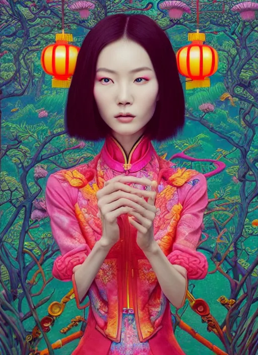 Image similar to pretty chinese model with hallucination mushroom : : by martine johanna and simon stalenhag and chie yoshii and casey weldon and wlop : : ornate, dynamic, particulate, rich colors, intricate, elegant, highly detailed, centered, vogue, harper's bazaar art, fashion magazine, smooth, sharp focus, octane render, 8 k