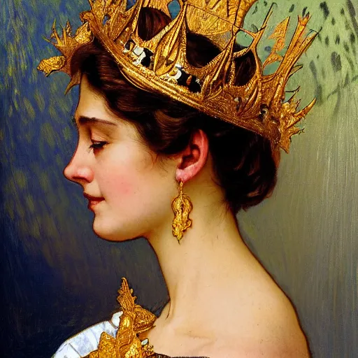 Prompt: side portrait of a young queen with a golden jeweled crown, head only, headshot, royalty, surrounded by gold leaves by Stanley Artgerm Lau , greg rutkowski, thomas kindkade, alphonse mucha, loish, norman rockwell, J. C. Leyendecker. white hair, black eyes, mouth slightly open, thorn border around the image. D&D, fantasy. Trending on artstation rule of thirds, detailed illustration, detailed lighting hd 4k