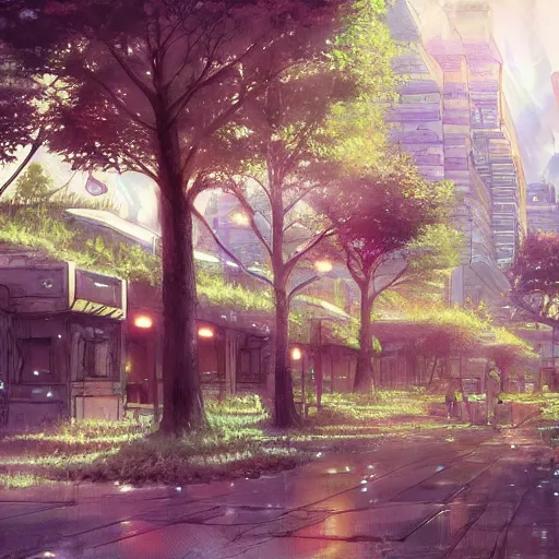 Image similar to city mixed with a magical forest, anime, by makoto shinkai, highly detailed, artstation