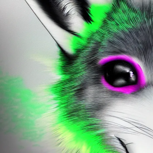 Image similar to photorealistic green fox with green fur and glowing magenta eyes, wearing a black hoodie