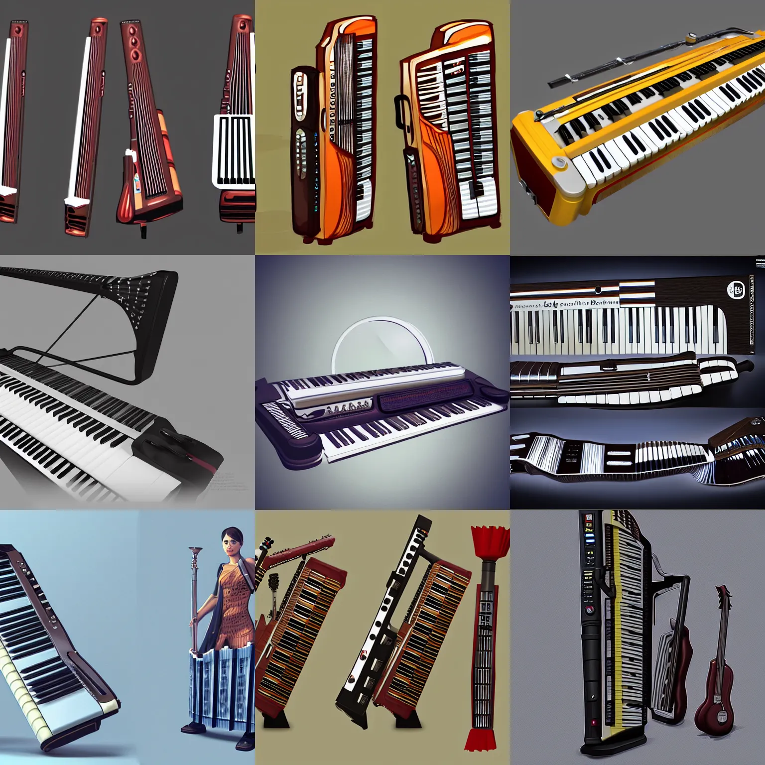 Prompt: a keytar with bellows like an accordion, unreal engine concept art