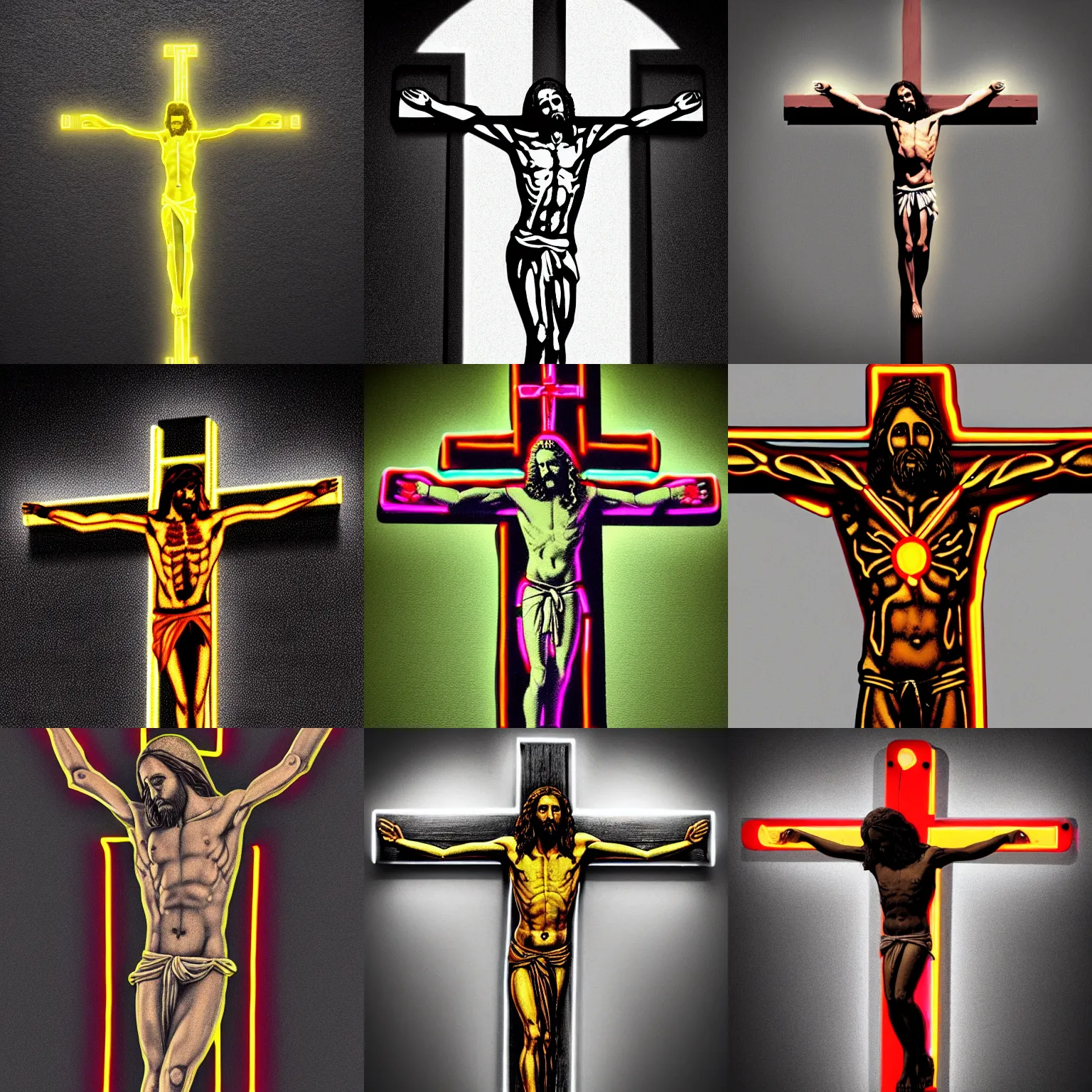 Prompt: highly detailed jesus christ crucified on neon cross, octan render, shadows, reflections, digital painting, realistic, neon lights, black background, very bright neon colors, fluorescent, anatomically correct body