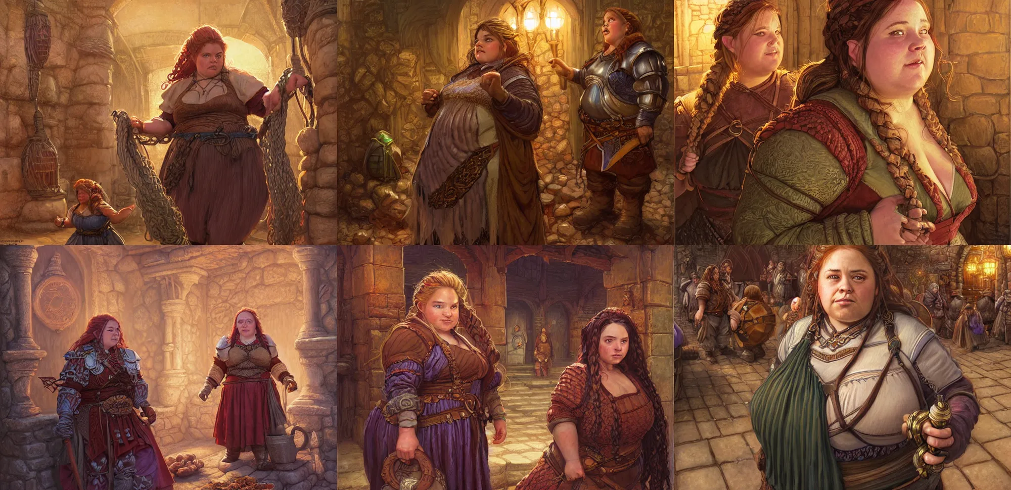 Prompt: illustration, chubby female dwarf commoner at the city market, elaborate braided hair, short robust woman, style by donato giancola, wayne reynolds, jeff easley dramatic light, high detail, cinematic lighting, centered, artstation, dungeons and dragons, dragon age, lord of the rings