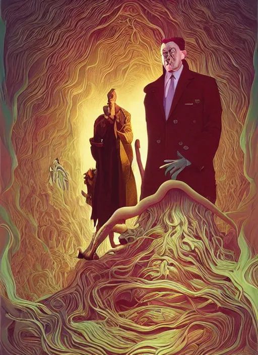 Image similar to poster artwork by Michael Whelan and Tomer Hanuka, Karol Bak of Alan Watts, from scene from Twin Peaks, clean