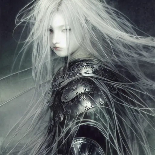 Image similar to yoshitaka amano blurred and dreamy illustration of an anime girl with wavy white hair and cracks on her face wearing elden ring armour with the cape fluttering in the wind, abstract black and white patterns on the background, noisy film grain effect, highly detailed, renaissance oil painting, weird portrait angle