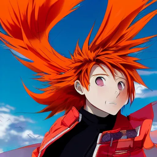 Image similar to orange - haired anime boy, 1 7 - year - old anime boy with wild spiky hair, wearing red jacket, flying through sky, ultra - high jump, late evening, blue hour, cirrus clouds, pearly sky, ultra - realistic, sharp details, subsurface scattering, blue sunshine, intricate details, hd anime, 2 0 1 9 anime