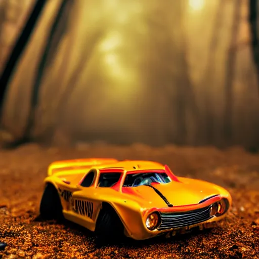 Image similar to macro photography of a toy hot wheels car driving through a forest fire, 3 5 mm