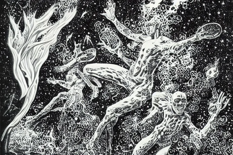 Prompt: how magic mushrooms can take us to the farthest reaches of inner space, painting by virgil finlay and kelly freas