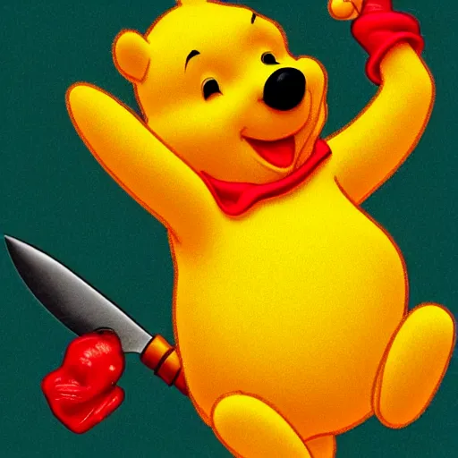 Image similar to winnie the pooh holding a bloody knife, in the style of winnie the pooh cartoon