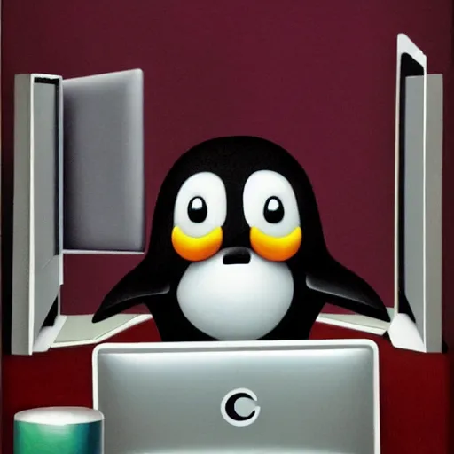 Image similar to pingu sitting behind a computer, painted by mark ryden, art, epic lighting