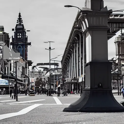 Image similar to a dystopian version of Flinders Street Melbourne Australia, robots in the street.