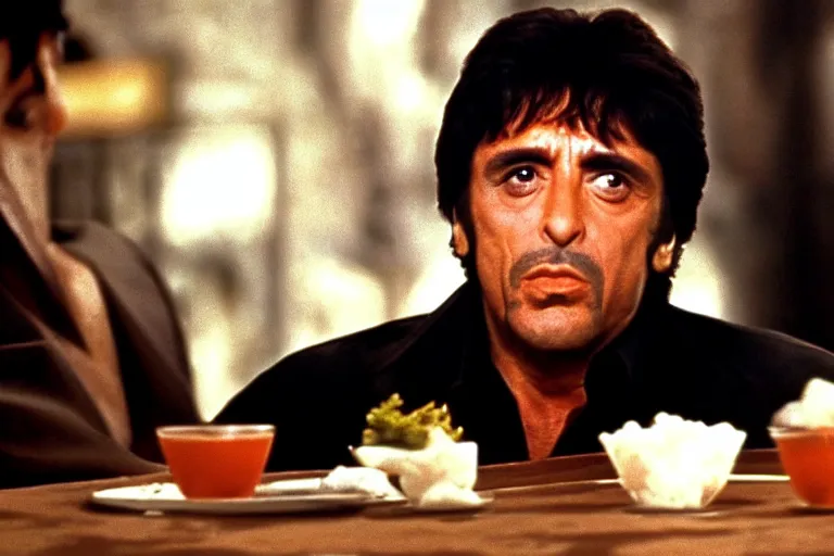 Image similar to tony montana from movie scarface 1 9 8 3 sitting behind a big black oak table with big large packages of flour. al pacino. perfect symmetric face, coherent eyes, ron cobb, fine details, 4 k. last scene from scarface movie, bokeh