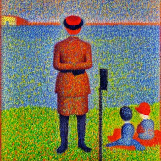 Image similar to Mario standing by the river painting by Georges Seurat, pointillism