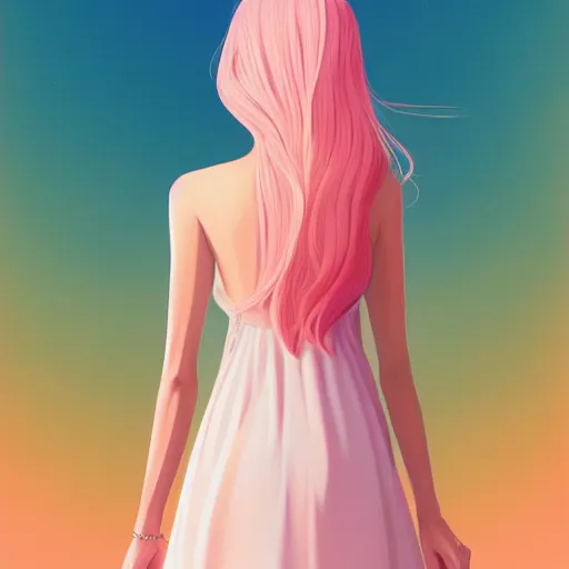 Image similar to happy adult female in sundress, summer dress, pastel light pink very long hair, muted colors, matte print, pastel colors, ornate, digital art, digital painting, fan art, elegant, artstation, head is centered, by Ilya Kuvshinov