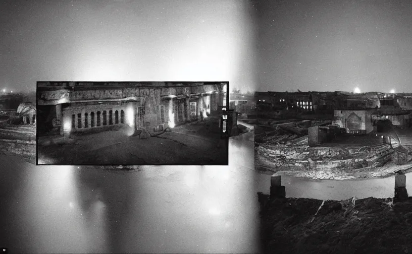 Image similar to 40s historic footage of a labyrinthic hole with gigantic walls, aerial photo night vision, Cinestill 800t 18mm, heavy grainy picture, very detailed, high quality, 4k panoramic, billboards and streetlight at night, rain, mud, foggy