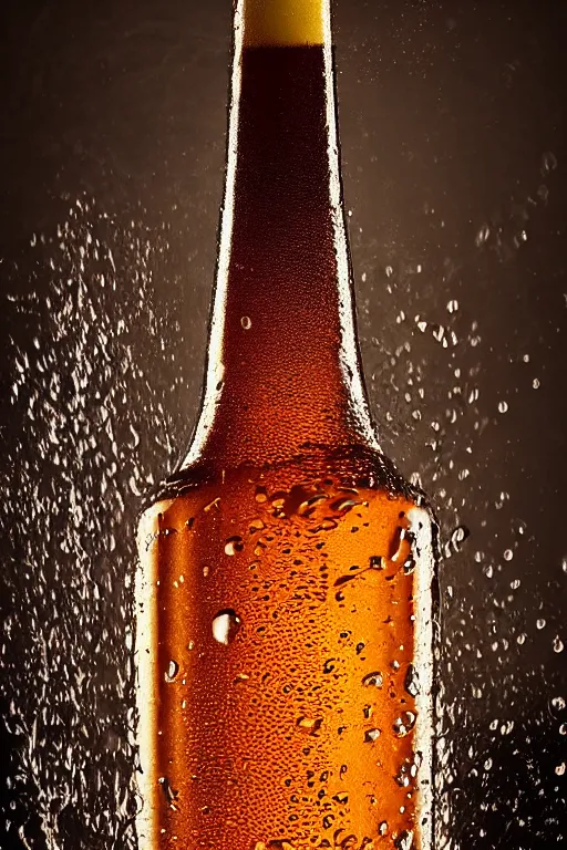 Prompt: a high detail photo of a full size bottle of beer, splashes of liquid, energetic, delicate by marcel christ