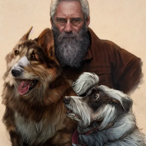 Image similar to portrait of a old, ruggedly handsome bearded man next to a corgi dog, soft hair, muscular, half body, cloth, d & d, fantasy, intricate, elegant, highly detailed, digital painting, artstation, concept art, smooth, sharp focus, illustration, art by artgerm and greg rutkowski and alphonse mucha