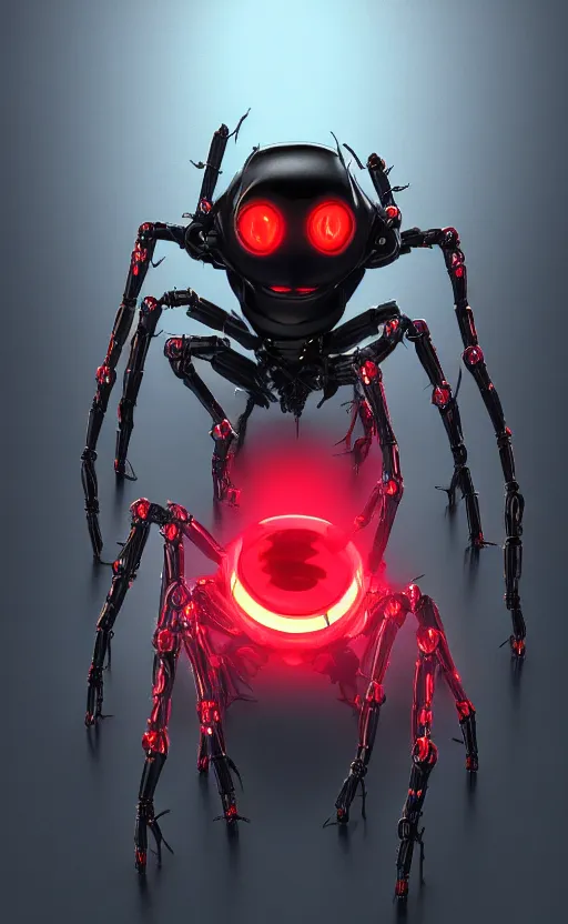 Image similar to a robot humanoid spider with 4 arms with claws, glowing red eyes, in a black carbon and red fiber armor, smiling creepily, dynamic lighting, photorealistic fantasy concept art, trending on art station, stunning visuals, creative, cinematic, ultra detailed