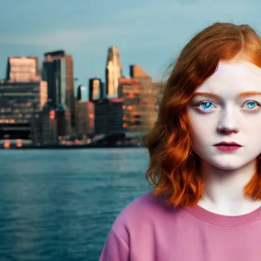 Image similar to sadie sink, portrait with buzzcut hair and city background, smokewave aesthetic