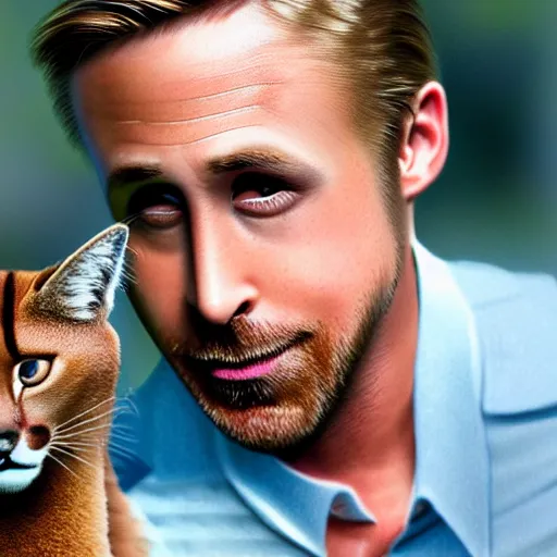 Image similar to Ryan Gosling holds a caracal cat in his hands, ultra highly detailed, smooth, sharp focus, elegant, artstation