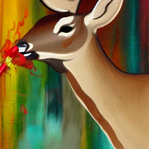 Prompt: deer with a cigarette in its mouth and thick smoke coming out of the cigarette, abstract, thick paint, painterly, brown and green palette, dripping paint