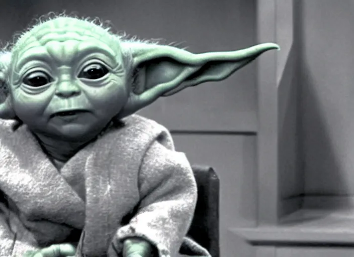 Prompt: a film still of a baby yoda ( in 1 9 3 5 old design ) in sitcom big bang theory ( 1 9 6 3 )