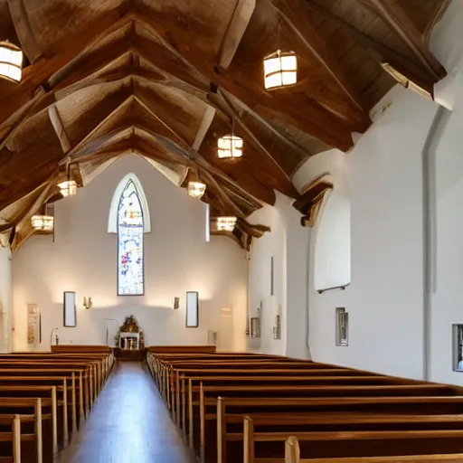 Image similar to a Church interior with white walls and wood floor