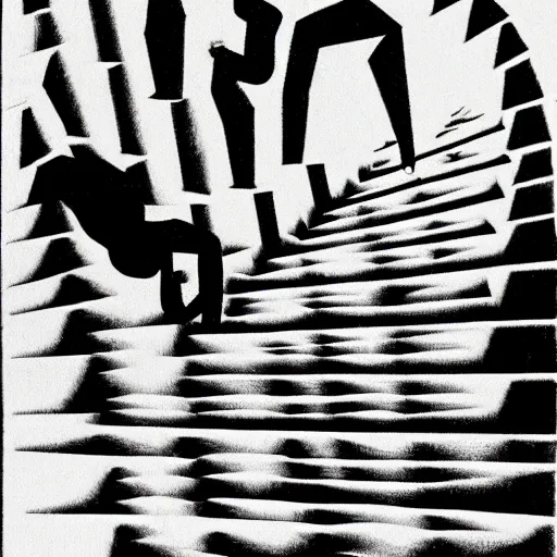 Image similar to a man falling down the stairs in an M.C Escher painting