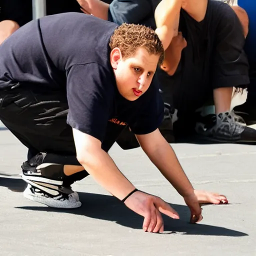 Prompt: detailed closeup of jonah hill bboying