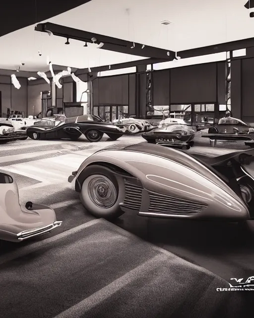 Image similar to interior of vast car show with luxury cars of 1940s, volumetric lighting, 1940s palette, hyper realism, high detail, octane render, high contrast , 8k