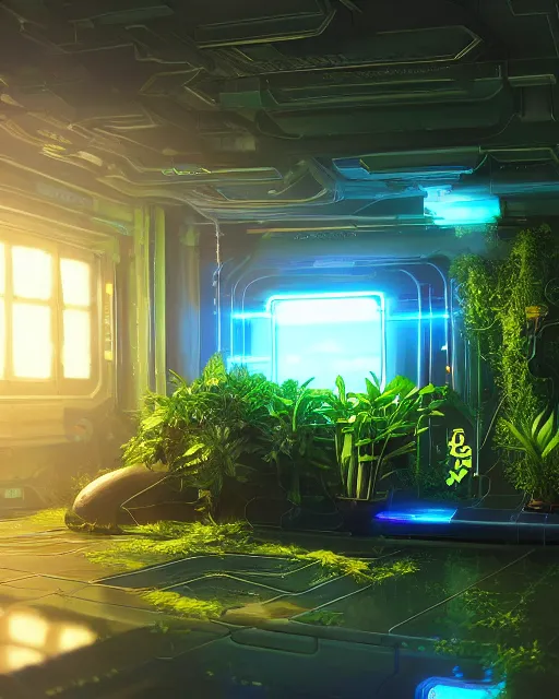 Prompt: Solarpunk gaming PC, futuristic utopia, scifi, green plants, blue light, small room, fine details, atmosphere, glow, extreme realistic, trending on artstation