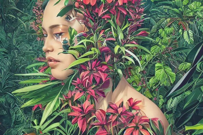 Image similar to gigantic robot head, a lot of exotic vegetation, trees, flowers by junji ito, tristan eaton, victo ngai, artgerm, rhads, ross draws, hyperrealism, intricate detailed