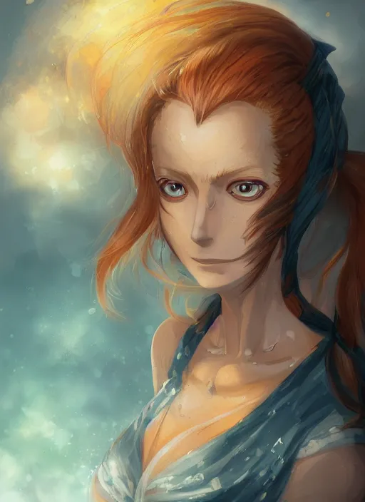 Image similar to a portrait of Nami from One Piece if she was real, wearing a traditional kunoichi dress, ginger hair, beautiful face, intricate, highly detailed, digital painting, artstation, concept art, smooth, sharp focus, illustration, art by Charlie Bowater and Gustave Baumann, matte painting