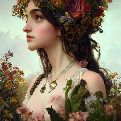 Image similar to baroque portrait of a steampunk bohemian nature nymph in a simple dress with floral decoration, cinematic lighting, photorealistic, octane render, 8 k, depth of field, 3 d, art by artgerm and greg rutkowski and alphonse mucha and uang guangjian