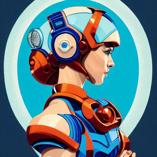 Image similar to head and shoulders portrait of a female Megaman, illustration, medium shot, intricate, elegant, highly detailed, digital art, ffffound, art by JC Leyendecker and sachin teng