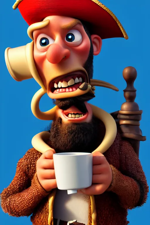 Prompt: portrait of the pirate blackbeard very expressive holding a cup of coffee, full body with a pirate ship on background. pixar disney 4 k 3 d render funny animation movie oscar winning trending on artstation and behance. ratatouille style.